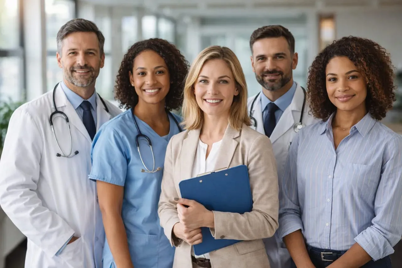 Grupo de especialistas sorrindo de forma acolhedora